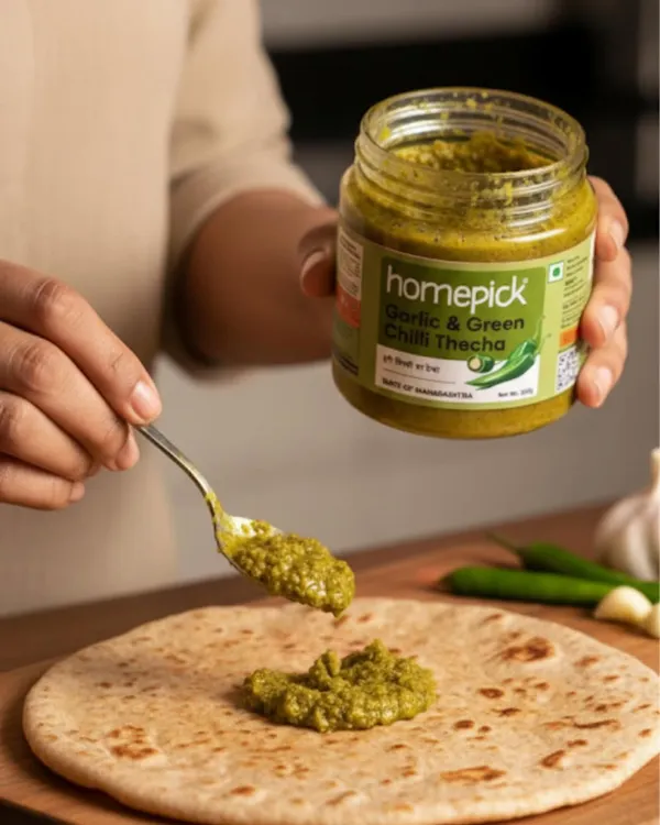 A simple Sunday pleasure: a soft paratha with a spoonful of our spicy Garlic & Green Chilli Thecha. Sometimes, the simplest meals are the most satisfying.