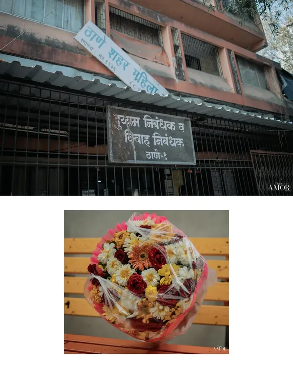 The start of a forever journey at the Thane marriage registration office. This collage captures the official beginning and the simple, beautiful bouquet that marked the occasion.