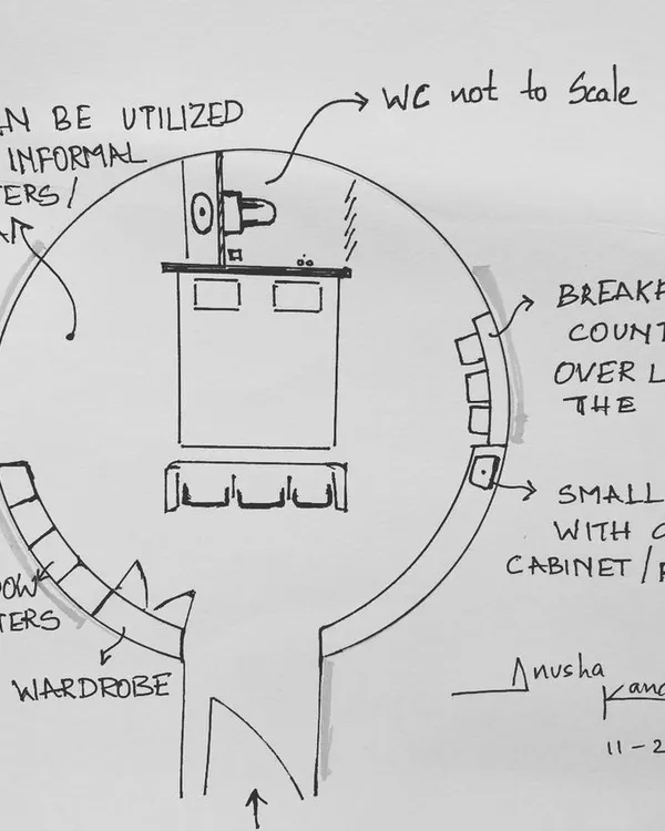 Every project begins with an idea. This is a hand-drawn concept sketch for a circular room layout, detailing functional zones like window seaters, a breakfast counter, and wardrobe space.