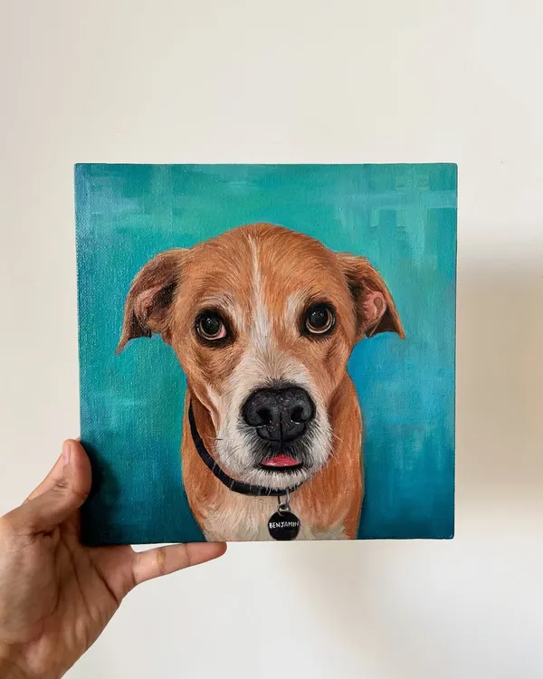 Benji said, "export my cuteness," and so his painting went all the way to the US. I offer international shipping for all my custom portraits.