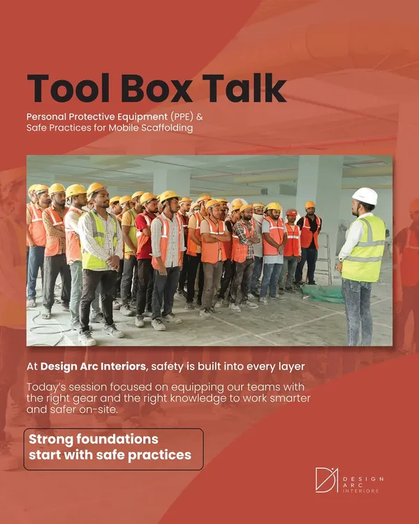 Safety is built into every layer of our process. This image shows one of our "Toolbox Talk" sessions, where we equip our on-site teams with knowledge on PPE and safe practices.