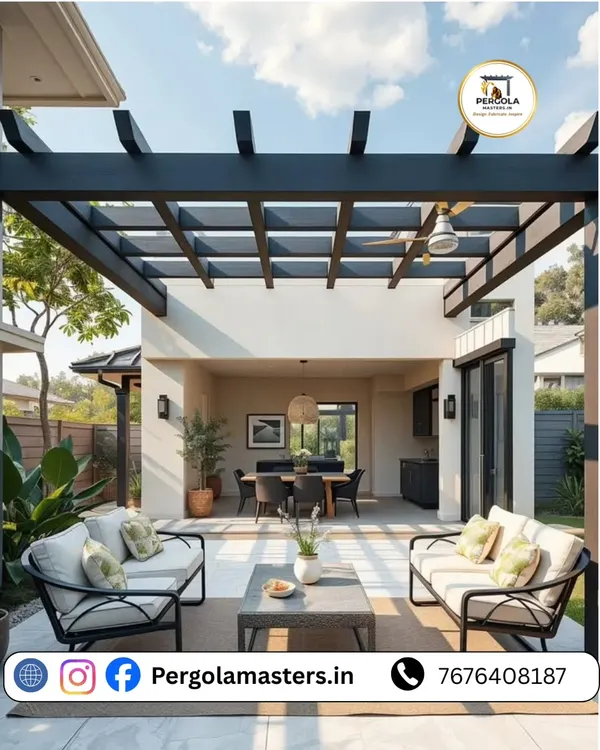 A modern rafter pergola extends from the home, creating a seamless transition between indoor and outdoor living spaces. The clean lines of the black metal frame provide partial shade, making the patio perfect for dining and relaxation.
