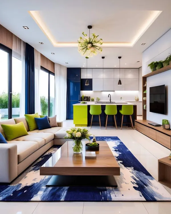 An open-plan living room and kitchen I designed. The space is tied together with a bold blue and green color scheme, featuring an L-shaped sofa and a modern TV console.