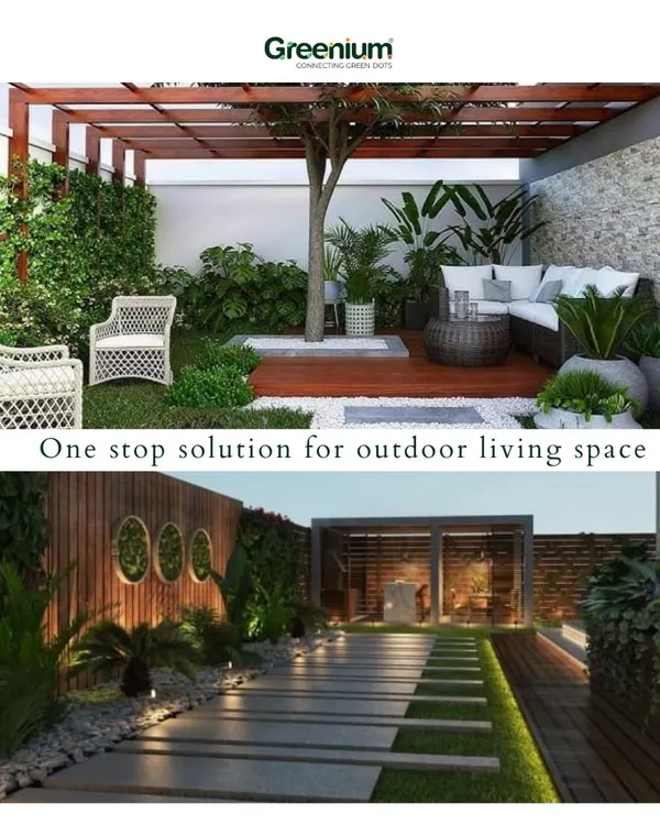 A one-stop solution for your outdoor living space. This collage shows two different styles of luxurious outdoor designs, one with a cozy pergola and another with a modern, illuminated pathway.