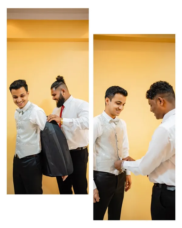 A diptych showing the groom getting help with his suit from his groomsmen. These are the candid, supportive moments that happen behind the scenes.