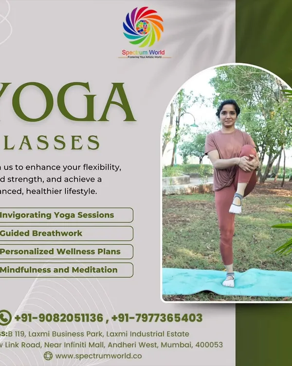 Our yoga classes are designed to help you build strength and improve balance in a supportive setting. This poster highlights our offerings, from invigorating yoga sessions to personalized wellness plans available at our Andheri West studio.