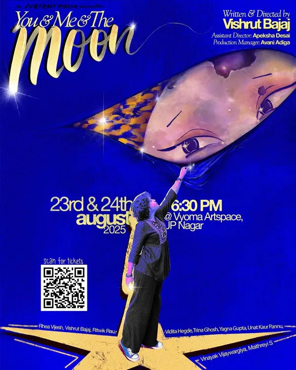 A poster for the heartfelt drama "You and Me and the Moon," a play that beautifully blurs the line between fiction and reality.