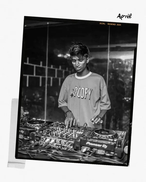 A black and white film-style shot from an April gig. Each month brings new events, new music, and new memories behind the decks.