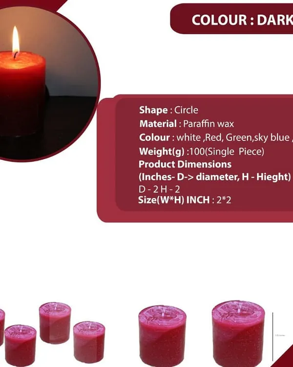 This is the product sheet for my 2x2 inch dark red pillar candle. It details the paraffin wax material, dimensions, and shows the candle both unlit and lit for reference.