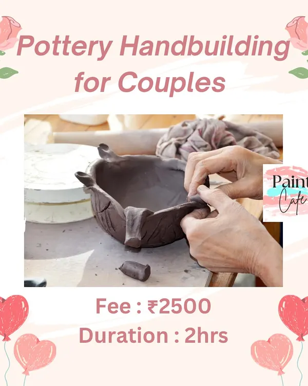 A promotional graphic for our pottery handbuilding workshop, a perfect creative date for couples.