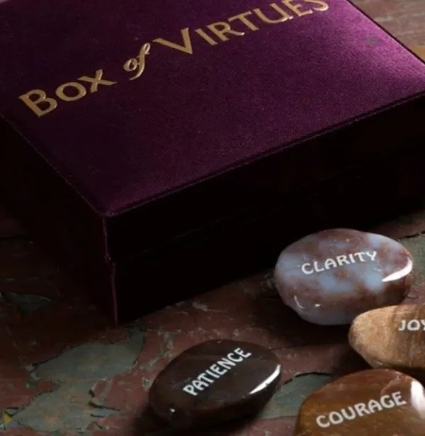 Our 'Box of Virtues' has been one of our most loved gifts. It contains seven natural stones, each printed with a virtue like 'Clarity', 'Patience', and 'Courage' to serve as a focus point for your day.
