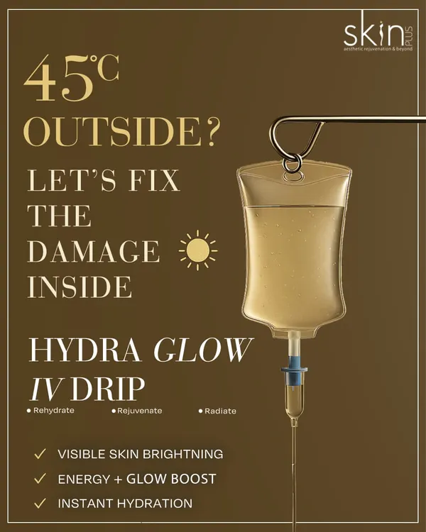 This graphic highlights my Hydra Glow IV Drip as a direct solution for the damage caused by extreme heat and a hectic lifestyle. It focuses on the key outcomes: rehydration, rejuvenation, and a radiant complexion.