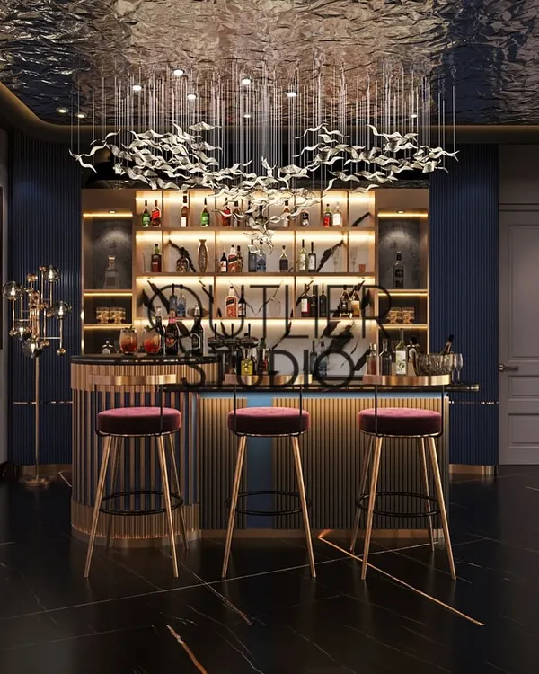 Step into luxury with this bespoke bar lounge. The design features a stunning cascading chandelier over a modern bar with pink stools, black marble floors, and a reflective ceiling that amplifies the glamour.