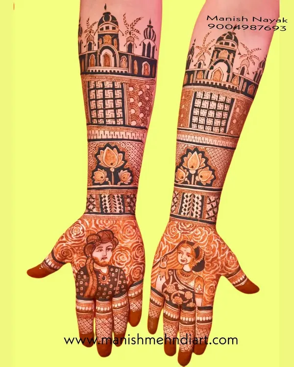 A complete bridal story on both arms. This design features portraits of the bride and groom, along with architectural drawings of a place special to them, all done with henna.
