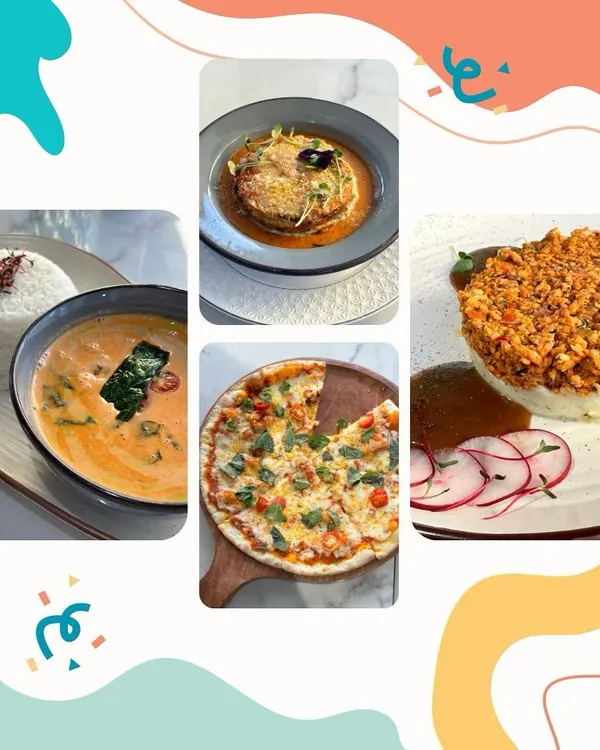 A collage showcasing the variety of gourmet dishes we offer for adults. This selection includes a hearty Thai red curry with rice, a classic margherita pizza, and a beautifully plated shepherd's pie, showing the range of our culinary expertise.