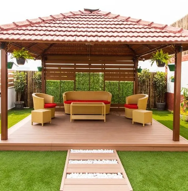We create complete outdoor living experiences. This rooftop terrace in Bangalore was transformed with a custom gazebo, durable WPC decking, and lush artificial grass, creating a perfect space for relaxation and entertainment.