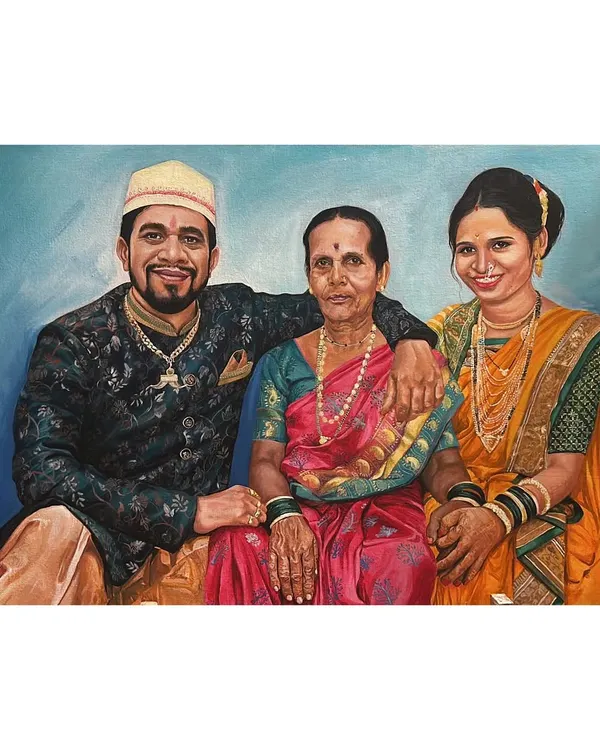 This is the kind of art that becomes a family treasure. I painted this acrylic portrait to celebrate three generations, focusing on the fine details of their traditional Aagri Koli attire and the loving bond they share. It's more than a painting; it's a story on canvas.