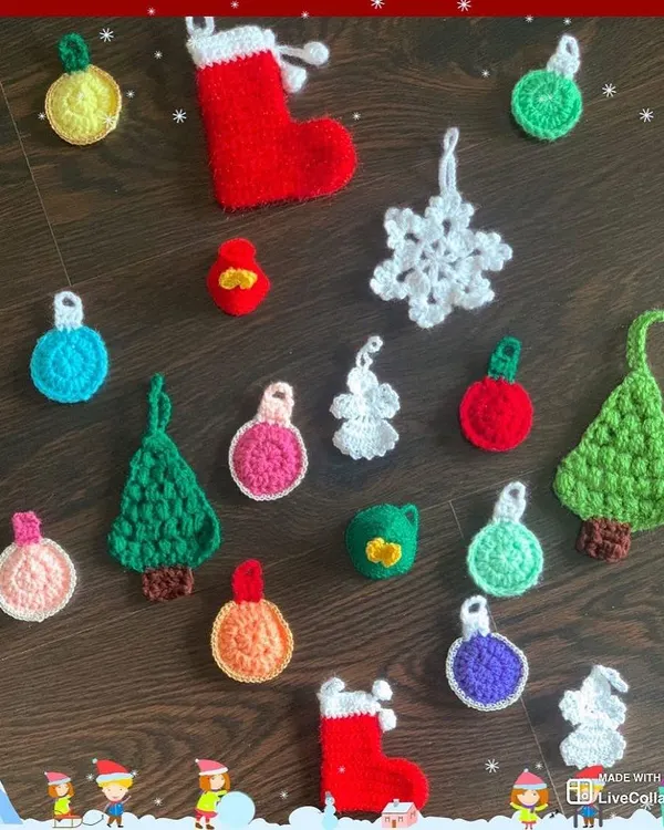 A large flat-lay showcasing the variety in my Christmas ornament collection. You can see trees, stockings, baubles, angels, and snowflakes, all handcrafted from crochet.
