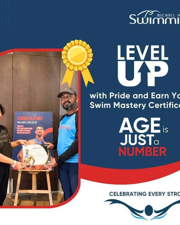 Age is truly just a number when it comes to achieving your goals. We celebrate Manisha Patil, who at 60 years young, has advanced from our Intermediate to the Pre-Competitive level through sheer dedication. Her coach is pictured here presenting her with her well-earned Swim Mastery Certificate.