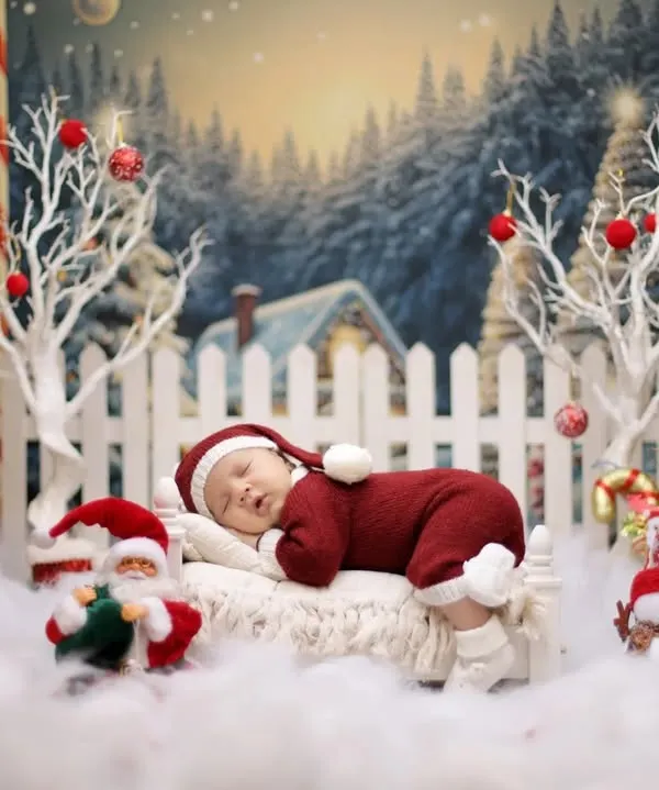 A magical Christmas scene. Our winter wonderland setup features a snowy landscape, festive trees, and a tiny bed for your little one to dream of Santa.