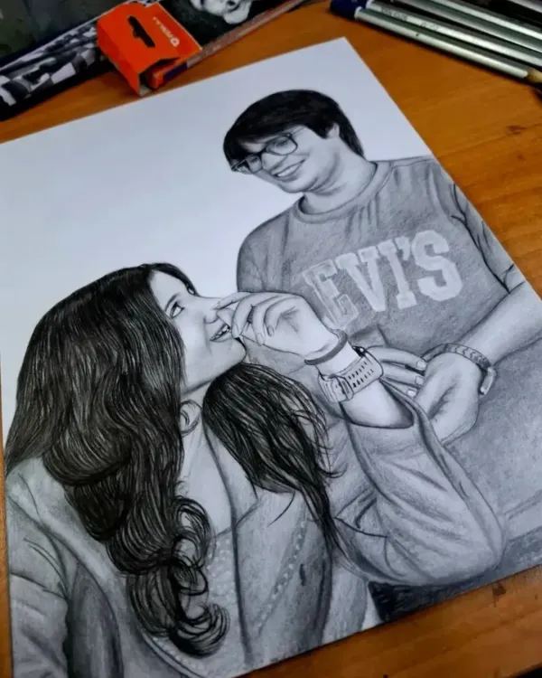 A fun, candid moment captured in an A4 sketch for a fan of Sourav Joshi. I enjoyed recreating the playful interaction in this custom portrait.