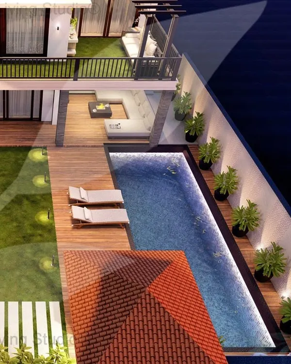 A 3D design proposal for a villa backyard in Tatvam Villas, Gurgaon. The plan includes a sleek lap pool, a wooden deck with loungers, a green lawn, and a multi-level seating area for a complete outdoor lifestyle.