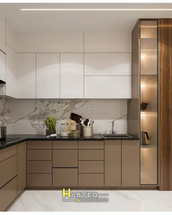 A 3D render of a compact L-shaped kitchen. This design features a dual-tone scheme with white upper cabinets and beige lower cabinets, a marble backsplash, and a tall, glass-fronted pantry unit.