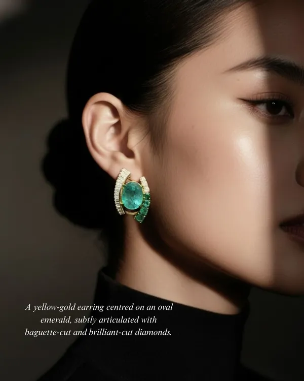 A statement of modern elegance. This yellow-gold earring is centered on a captivating oval emerald, subtly articulated with baguette-cut and brilliant-cut diamonds for a truly artistic finish.