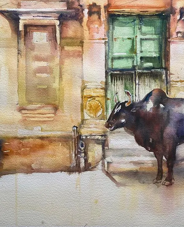 This painting of the 'purani galiyan' of Banaras captures the soul of India that I love to paint. This watercolor piece, featuring a classic Indian street scene with its old architecture and a resting cow, is a perfect example of how I find stories waiting to be told in the most ordinary moments.