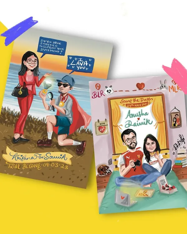 Celebrate your love story with a custom illustration. This piece was created as a unique proposal announcement, capturing the couple's personality and inside jokes. I can create similar artwork for save the dates, wedding invitations, or anniversary gifts.