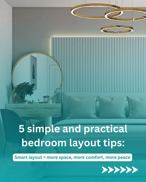 A smart layout is the key to a peaceful bedroom. This design features a statement accent wall, elegant pendant lighting, and a floating vanity to create a modern, uncluttered look.
