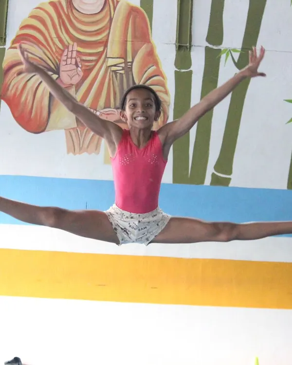 This is what pure joy and dedication look like. We train our gymnasts to leap with confidence, mastering skills like this split jump that showcase their strength and artistry.