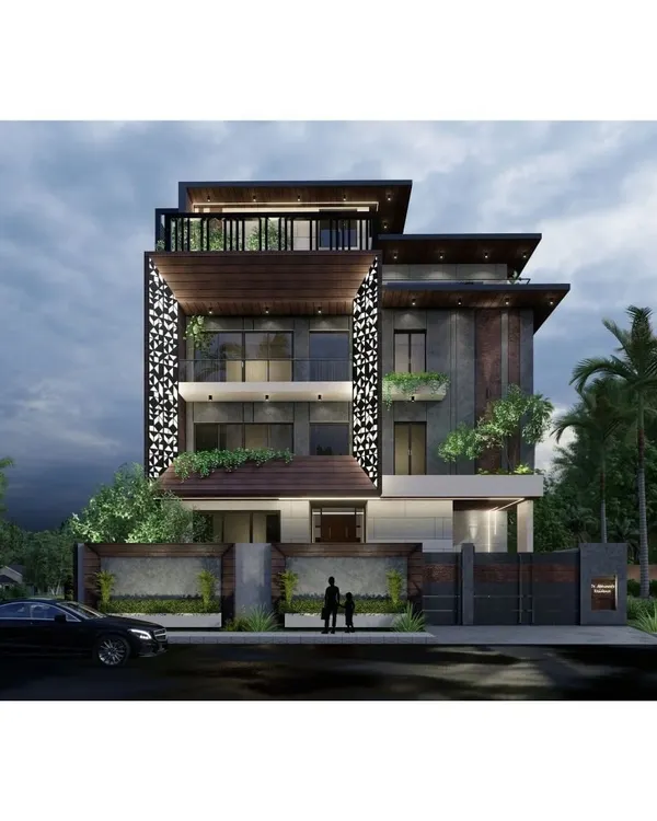 The facade of the 'Meraki' residence, designed for a doctor's family as a place of peace and comfort. The design uses a decorative screen (jaali), integrated planters, and strong horizontal lines to create a modern yet serene exterior.