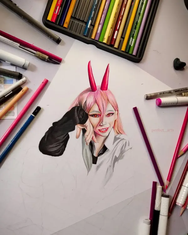 A finished portrait of Power from Chainsaw Man, created using a mix of alcohol markers and colored pencils. This piece shows how we can apply realistic techniques to anime and fan art.