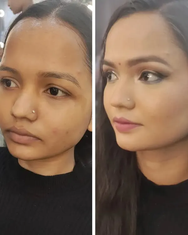 A perfect example of a "no filter" makeup transformation. This before-and-after shot highlights how to enhance natural beauty with a flawless base, soft eye definition, and a balanced lip color for a clean, polished look.