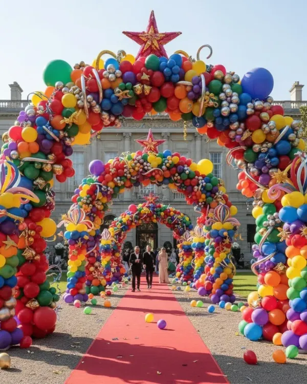 For this corporate gala, I designed a series of grand balloon arches to create an unforgettable entrance. The multi-colored design over the red carpet set a vibrant, celebratory tone for the awards night, making every guest feel special from the moment they arrived.