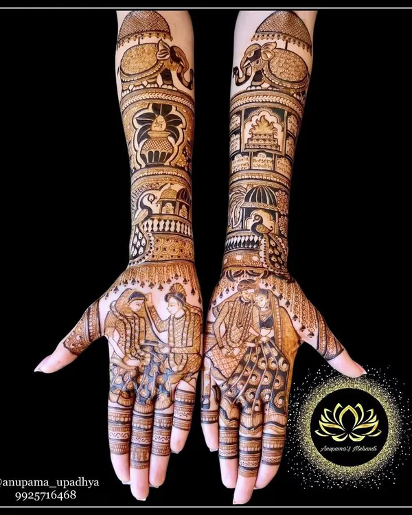 A complete bridal mehandi set showcasing a variety of traditional elements. This design includes couple figures, wedding rituals, elephants, and intricate filler patterns for a truly grand look.