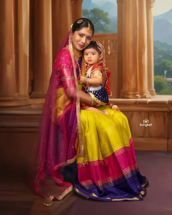 A mother's love is a masterpiece. This stunning portrait captures a mother and her child in a traditional, regal setting, resembling a classic painting. It's a timeless piece of art for their family.