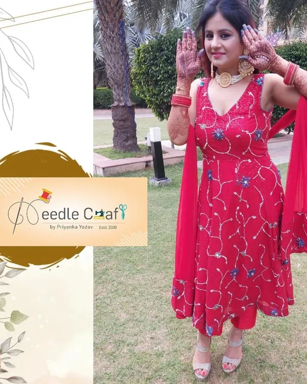 This vibrant red suit was created from an old saree for a client to wear on Karwachauth. I designed it as a comfortable yet festive Anarkali-style outfit, perfect for celebrating special moments.