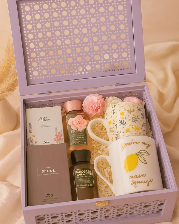 A luxurious gift for the perfect couple. This beautiful lavender box includes "his and hers" Zara mini perfumes and Bath & Body Works mini shower gels, along with two charming coffee mugs.