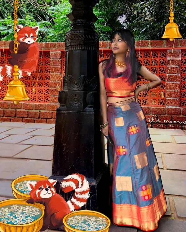 A whimsical photo illustration where I've added playful red pandas and temple bells to a photo of me in a traditional South Indian outfit. This is where my imagination runs free.