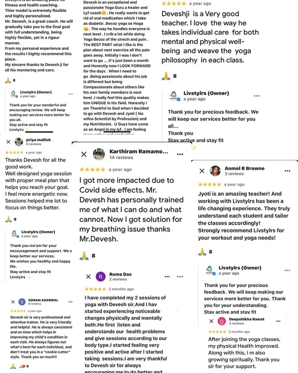 I am deeply grateful for the trust my clients place in me. This collage of reviews highlights the positive impact of my personalized yoga and fitness programs on their physical and mental well-being.