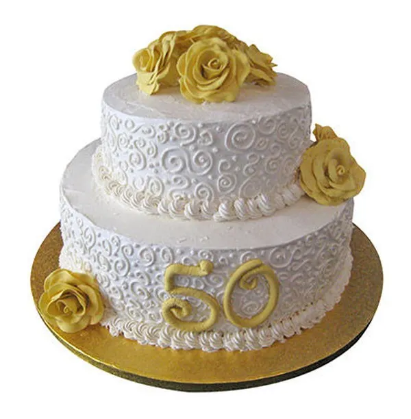 Celebrate a golden anniversary or a 50th birthday in style with this two-tier cake. It features elegant scrollwork, golden sugar roses, and the number "50" to mark the special milestone.