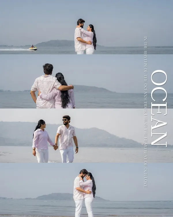 A collage from a pre-wedding shoot at Kashid beach, showing a variety of romantic and playful moments by the ocean. We explore different spots to give you a diverse collection of memories.