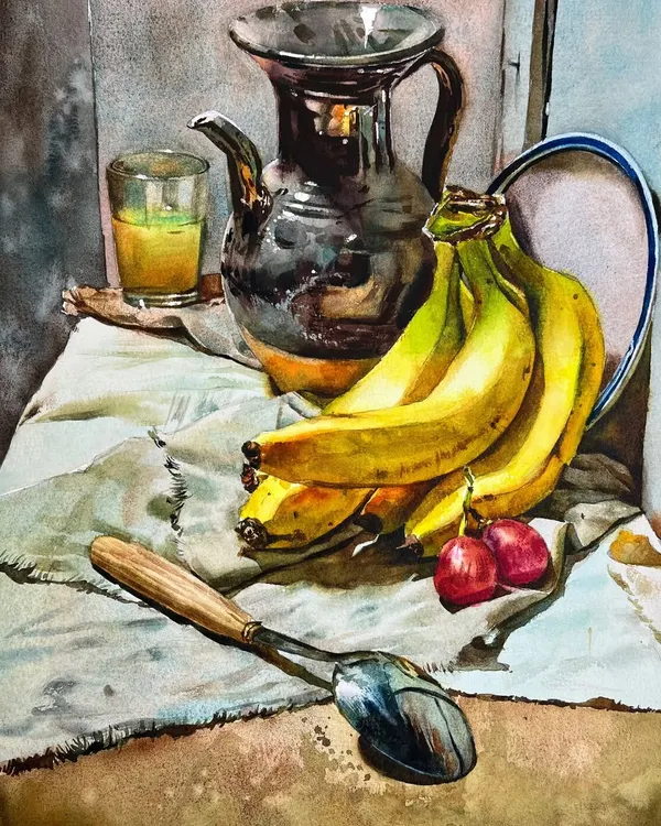 A classic still life composition. This painting is a great exercise in rendering different textures, from the metallic sheen of the pitcher and the soft, matte surface of the bananas to the reflective glass.