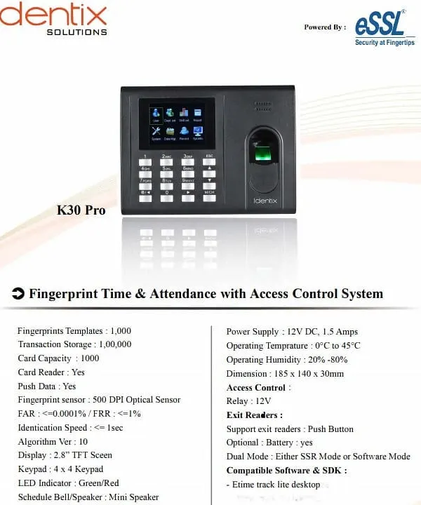 This is the Identix K30 Pro, a fingerprint time and attendance system powered by eSSL. It's a reliable solution for businesses to manage employee attendance and control access to secure areas.