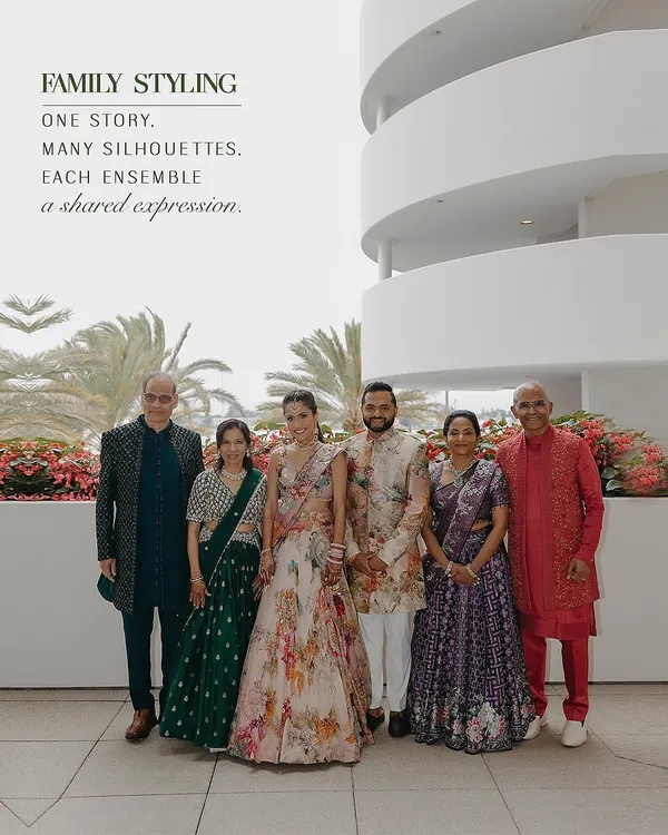 One story, many silhouettes. For this Sangeet, we styled the couple and their parents in a coordinated palette of florals, jewel tones, and pastels, creating a look of shared expression and unity.