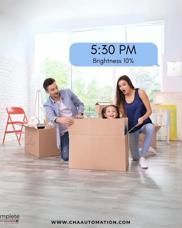 Brighten your space and lighten your life with our smart lighting innovations. This image shows how you can automatically adjust brightness levels throughout the day, like dimming to 10% in the evening.