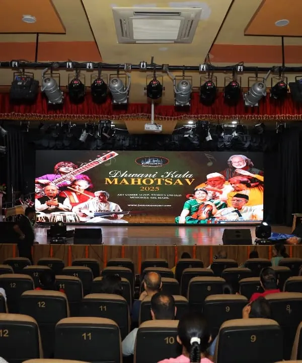 The view from the audience at the Dhwani Kala Mahotsav, our annual cultural festival. We provide a professional auditorium setting for our students to experience the thrill of a real stage performance.