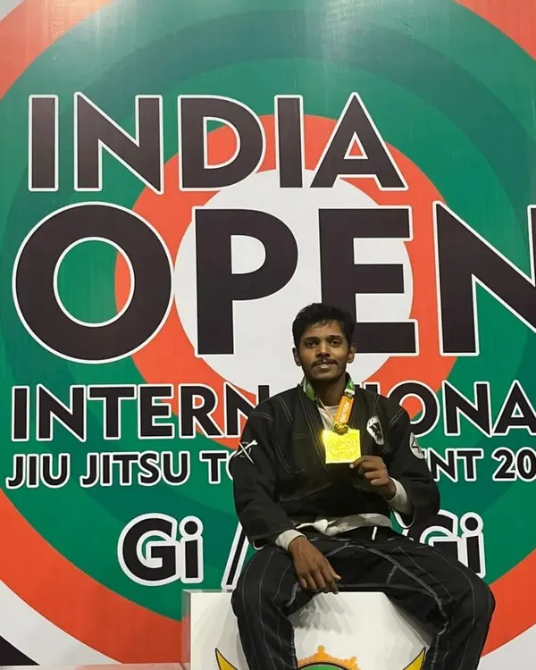 Here I am on the podium after winning gold in the 76kg Gi division at the India Open International Jiu-Jitsu Tournament 2024. This is the result of consistent training and dedication.